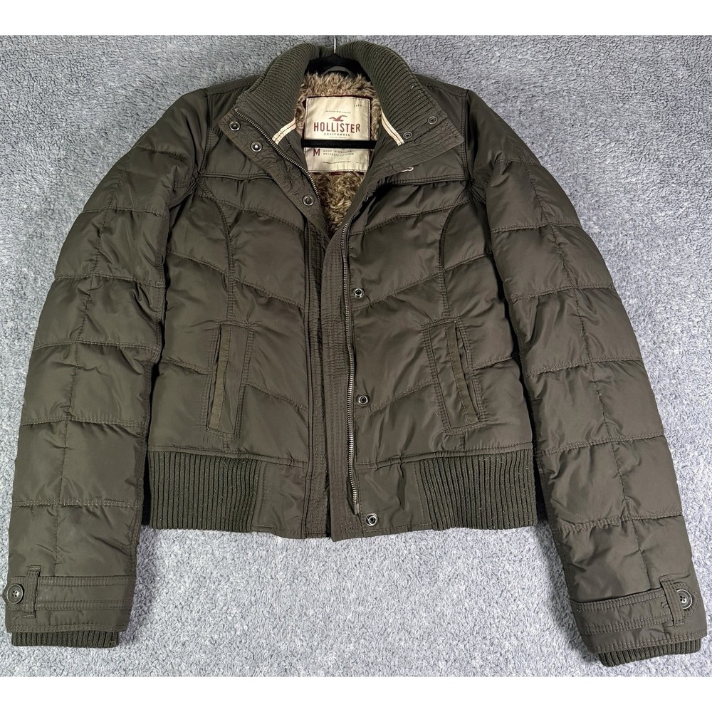 VTG Y2K Hollister Women's M Olive Green Down Filled Fur Lined Puffer Jacket READ